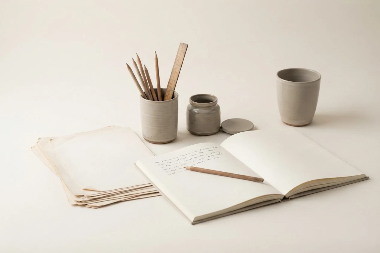 A worktable mid-use: a stoneware cup of pencils and a timber rule, a small lidded jar with its lid set aside, a stack of worked sheets, an open plan book with handwriting on its left page and a pencil across the lines, and a tall cup.