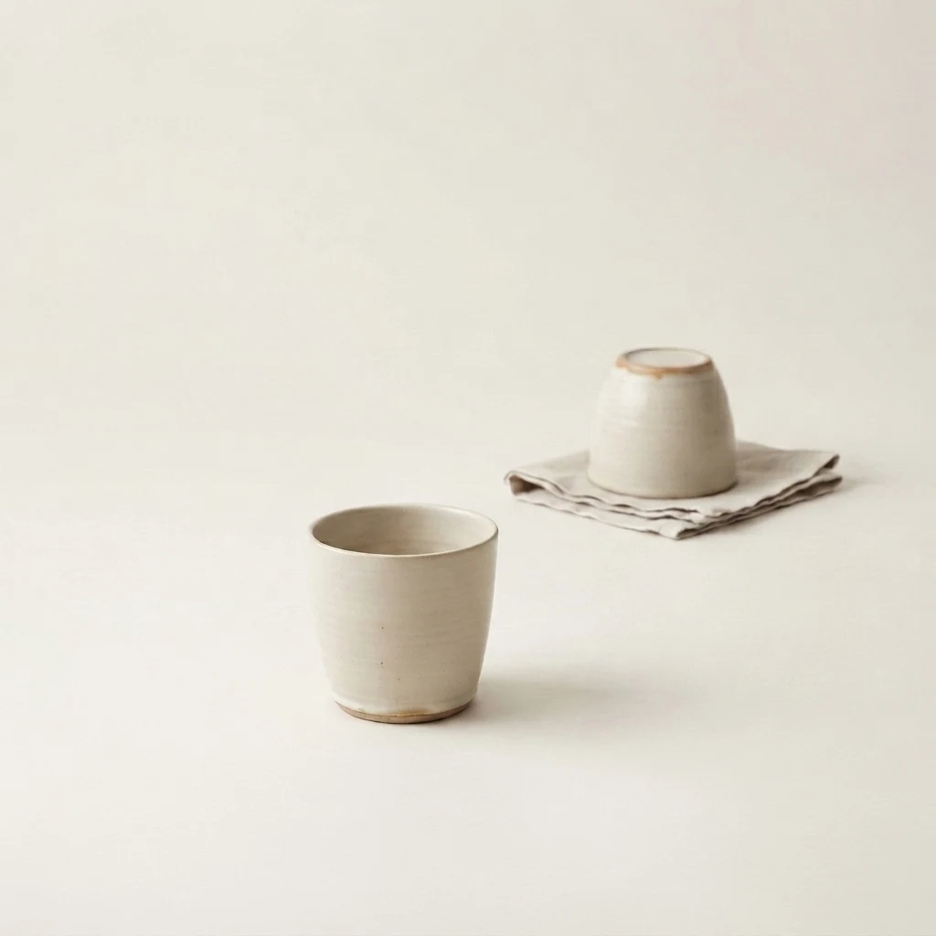 One stoneware cup upright in the foreground. Behind it, a second cup of the same form rests upside down on a folded linen cloth, not yet turned over.