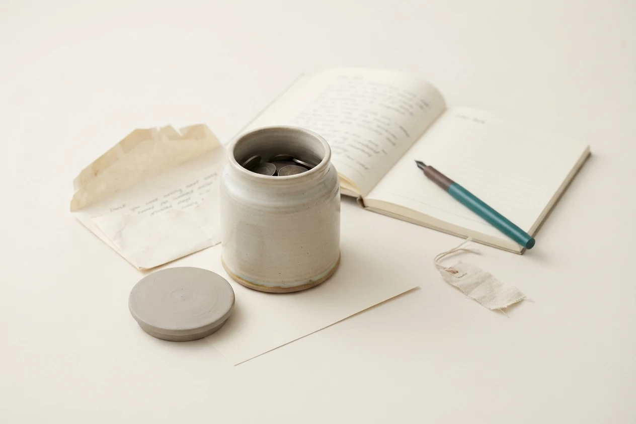 An open order book with a slim teal fountain pen resting on its blank page, a supplier's letter half-covered by its envelope, a stoneware jar of coins with its lid set aside, and a small cloth tag.
