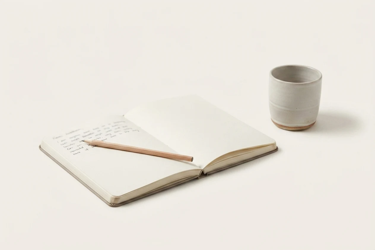 An open notebook, its left page carrying unreadable handwriting with a pencil lying across the lines, its right page blank. A single stoneware cup stands well back, empty.
