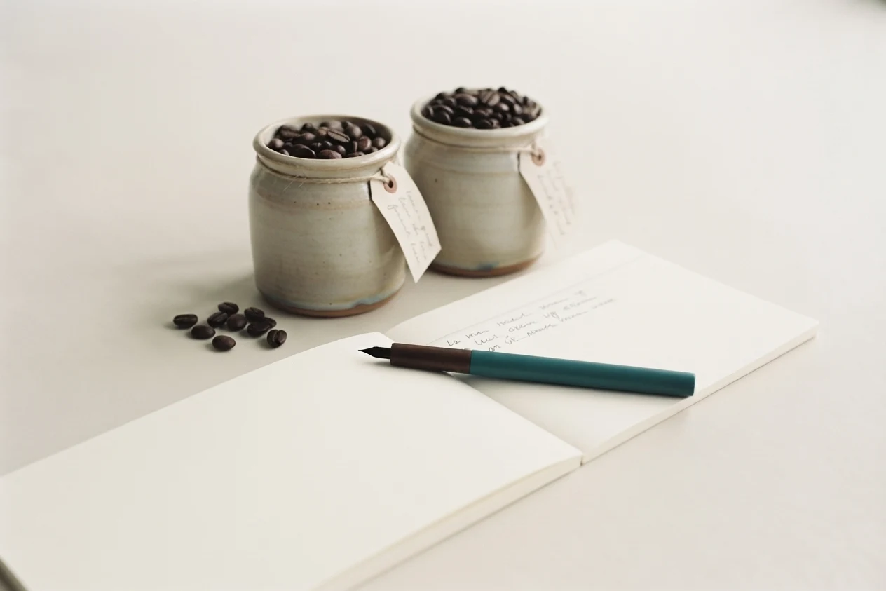 Two stoneware jars of coffee beans side by side, a handwritten tag tied to each. In front, an open order book angles away with a slim teal fountain pen resting across the page and a few loose beans nearby. Nothing shows which jar was chosen.