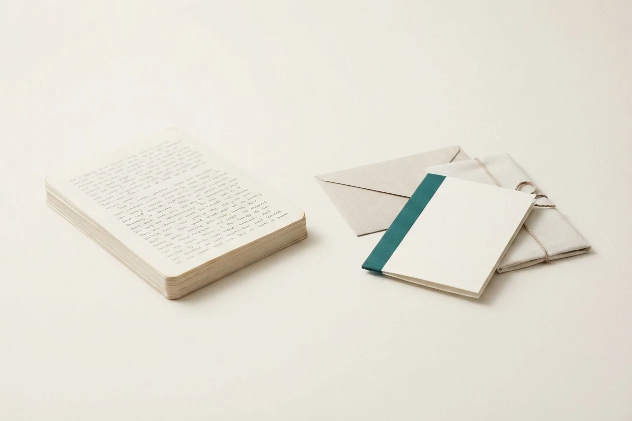 A squared stack of worked-through handwritten sheets, angled away. Set apart from it, three unopened items lie face down: a linen envelope, a folded card and a small cloth bundle, the topmost sealed with one narrow teal band. Every face is blank.