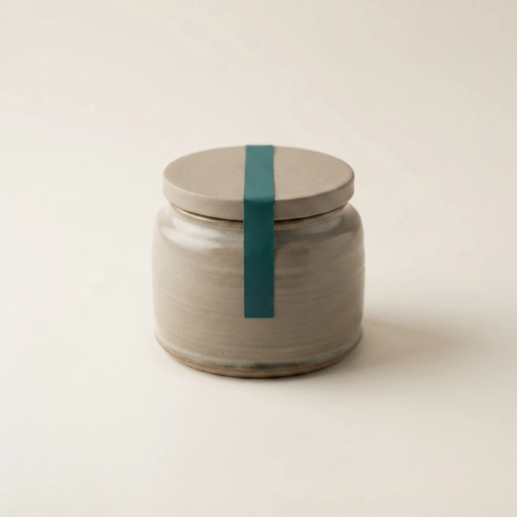 A squat hand-thrown stoneware jar with a flat lid, sealed with a single narrow deep-teal band wrapping from the lid down over its edge onto the body.