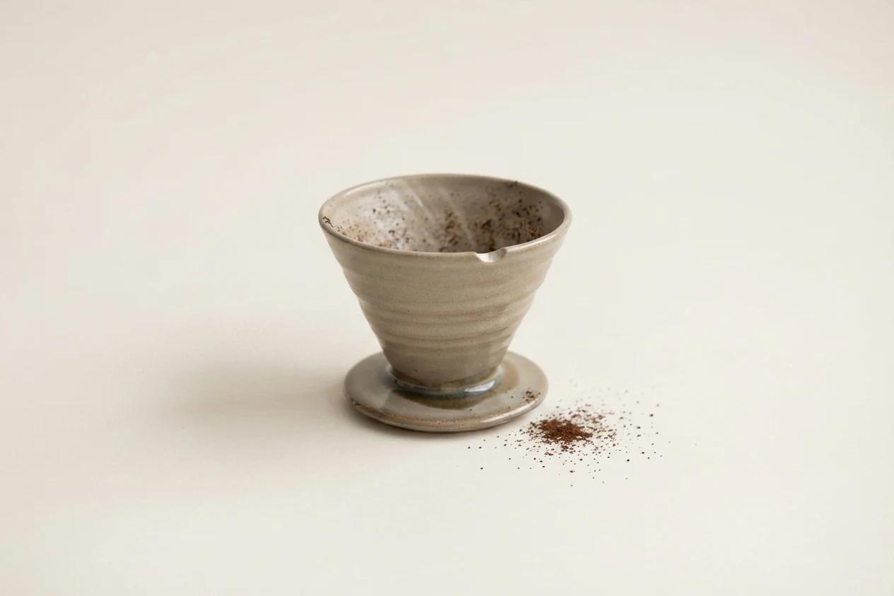 A single hand-thrown stoneware pour-over cone, empty and dry, with visible throwing rings. A fine dusting of dry coffee grounds sits inside it and a small scatter lies beside it.