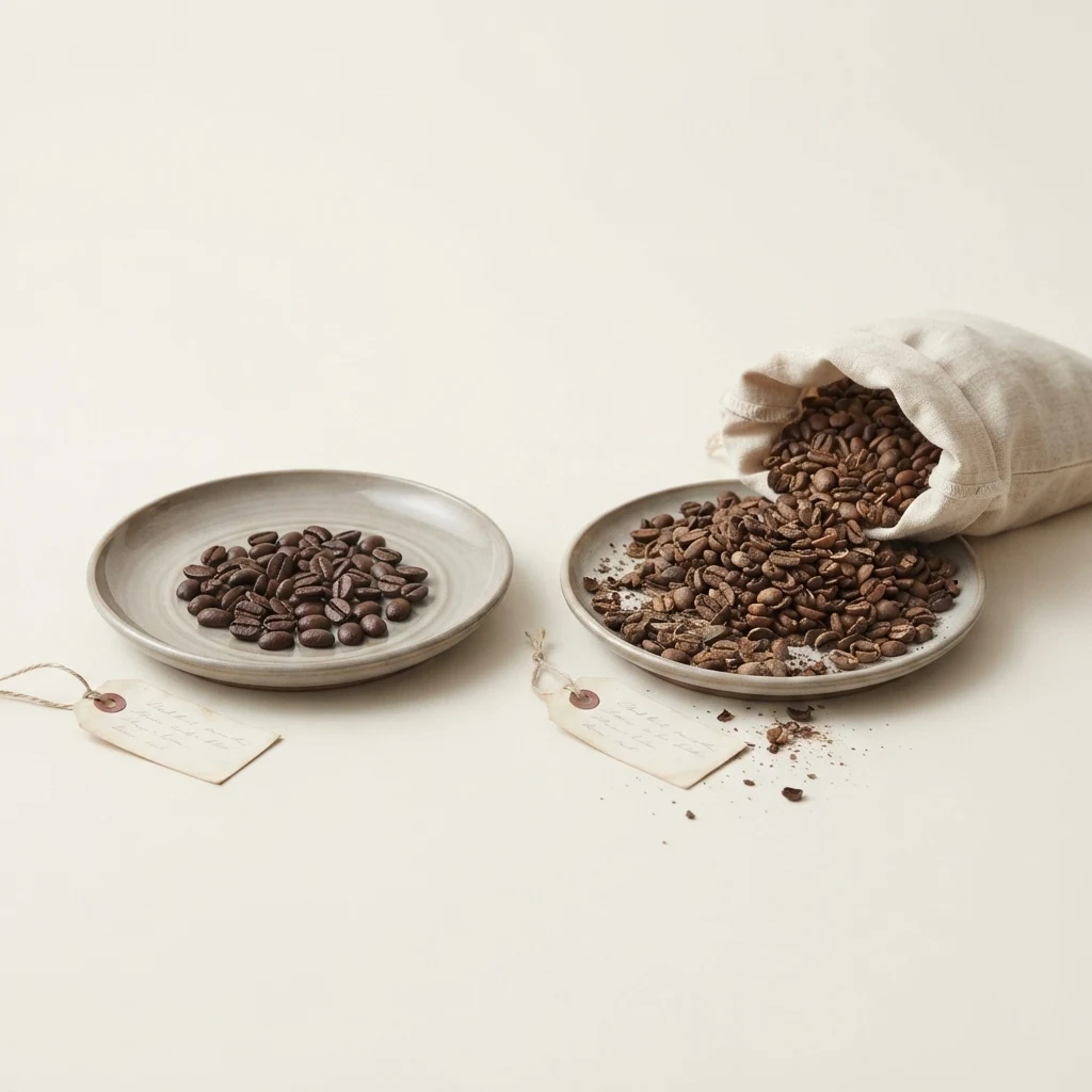 Two stoneware dishes of coffee beans set apart on a plain pale ground. One holds a small number of large, whole, glossy beans. The other is heaped and spilling over with far more beans that are small, part-broken and dusty, running out of an open linen sack behind it. A small handwritten tag lies against each dish. Nothing shows which of the two was taken.