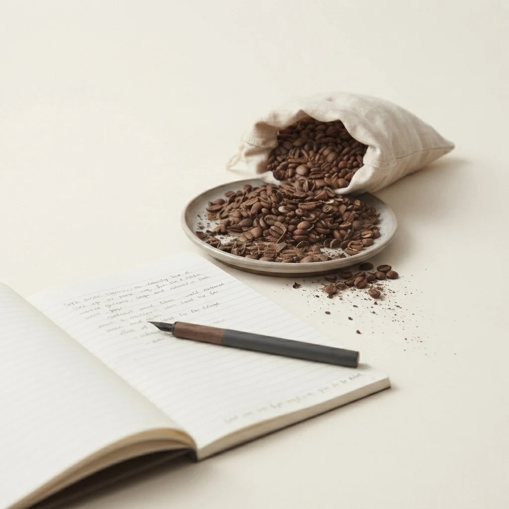 The choice made. Only the heaped dish of the plainer beans remains, with its open linen sack behind it; the dish of finer beans is gone. In front, an open order book angles steeply away with its last line just written, and a slim dark fountain pen rests across the page.