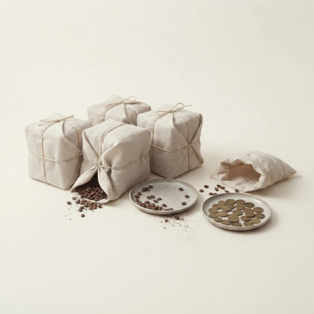 The order lands badly. Four linen-wrapped bundles sit tied and unsold, one slumped where it was set down. The stoneware dish holds only a scatter of beans, a second dish holds a single thin layer of dull brass coins, and the linen sack stands empty.