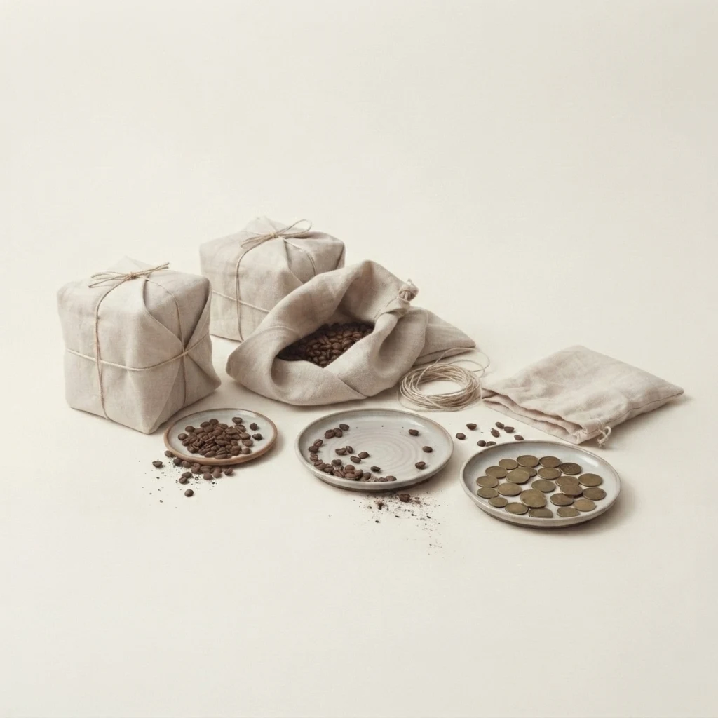 What came after, on a smaller commitment. Two bundles remain and one of them is opened, its cloth folded back. The dish holds fewer beans than at the start, the coin dish carries a deeper layer than before though still far from full, and the sack lies folded flat.