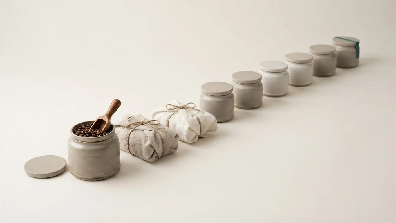 A line of sealed stoneware jars receding into the distance behind an open jar of coffee beans with a timber scoop and two cloth bundles. Only the last, farthest jar carries a narrow teal band.