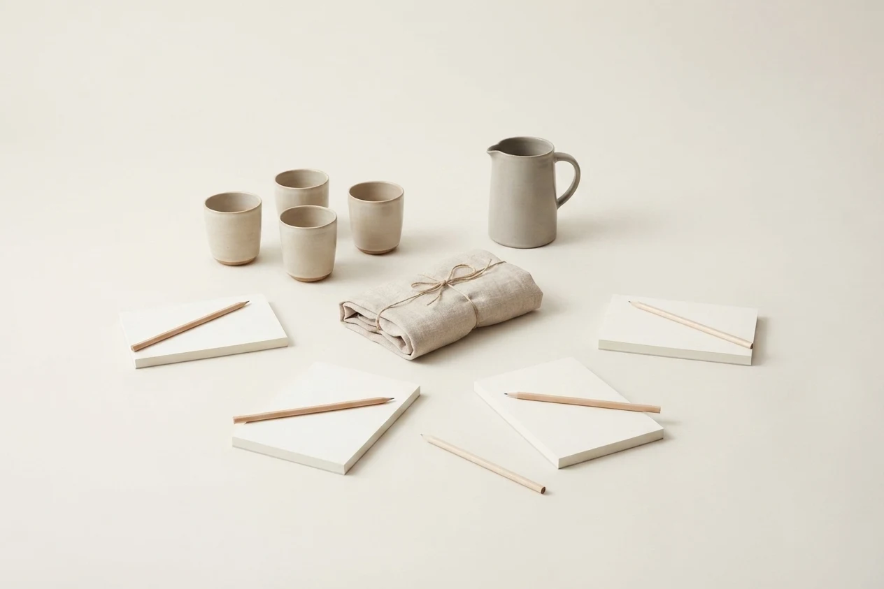 Materials set out before a session: four stoneware cups and a jug, a folded linen bundle tied with twine, and five blank pads, each with a plain pencil. Nothing is written.